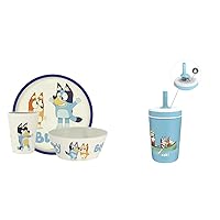 Zak Designs Bluey Kids Dinnerware Set 4 Pieces, Durable Melamine Bamboo Plate, Bowl, Cup and Kelso 12oz Stainless Steel Insulated Tumbler are Perfect For Kids (Bluey, Bingo, Bandit, Chilli)