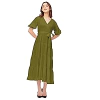 Short Sleeve V Neck Solid Rayon Dress - Women's Casual Tiered Dress