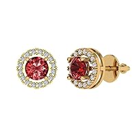 1.60 ct Round Cut Halo Solitaire Natural Deep Pomegranate Dark Red Garnet Solitaire Stud Screw Back Earrings 14k Yellow Gold