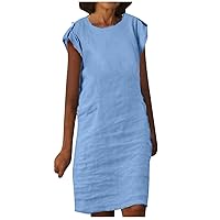 Women Ruched Cap Sleeve Cotton Linen T-Shirt Dresses Round Neck Casual Loose Solid Dressy Tunic Dress with Pockets