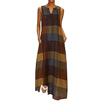 Tank Dress,Women V Neck Plus Size Dress Sleeveless Daily Plaid Maxi Neck Vintage Bohemian Women's Dress Romper