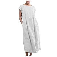 Dresses for Women 2024 Summer Casual Solid Color Sleeveless O-Neck Loose Stitching Cotton Linen Dress with Pocket