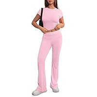 MEROKEETY Women's 2 Piece Outfits Lounge Set Short Sleeve Crop Top Fold Over Flare Pants Y2K Casual Tracksuits