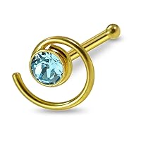 9K Solid Yellow Gold Gemstone Spiral 22 Gauge Ball End Nose Pin Nose Stud