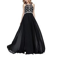 Women's Scoop Neck Beaded Long Prom Dresses Formal Chiffon Evening Wedding Guest Gown