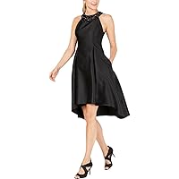 Adrianna Papell Womens Black Rhinestone Embellished Jewel Neck Below The Knee Hi-Lo Evening Dress Size