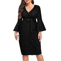 Pinup Fashion Women's Plus Size Wrap V Neck Bell Sleeve Belted Work Wedding Guest Bodycon Pencil Dress