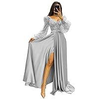 Tsbridal Long Sleeve Sequin Prom Dresses with Slit Satin Formal Evening Party Gowns for Women