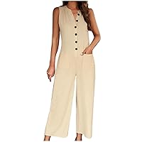 Summer Cotton Linen Jumpsuits Women Casual Dressy Rompers Sleeveless Button V Neck One Piece Wide Leg Pant Outfits