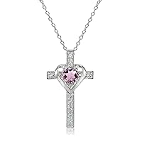 Sterling Silver Genuine or Synthetic Gemstone Heart in Cross Necklace for Women Girls