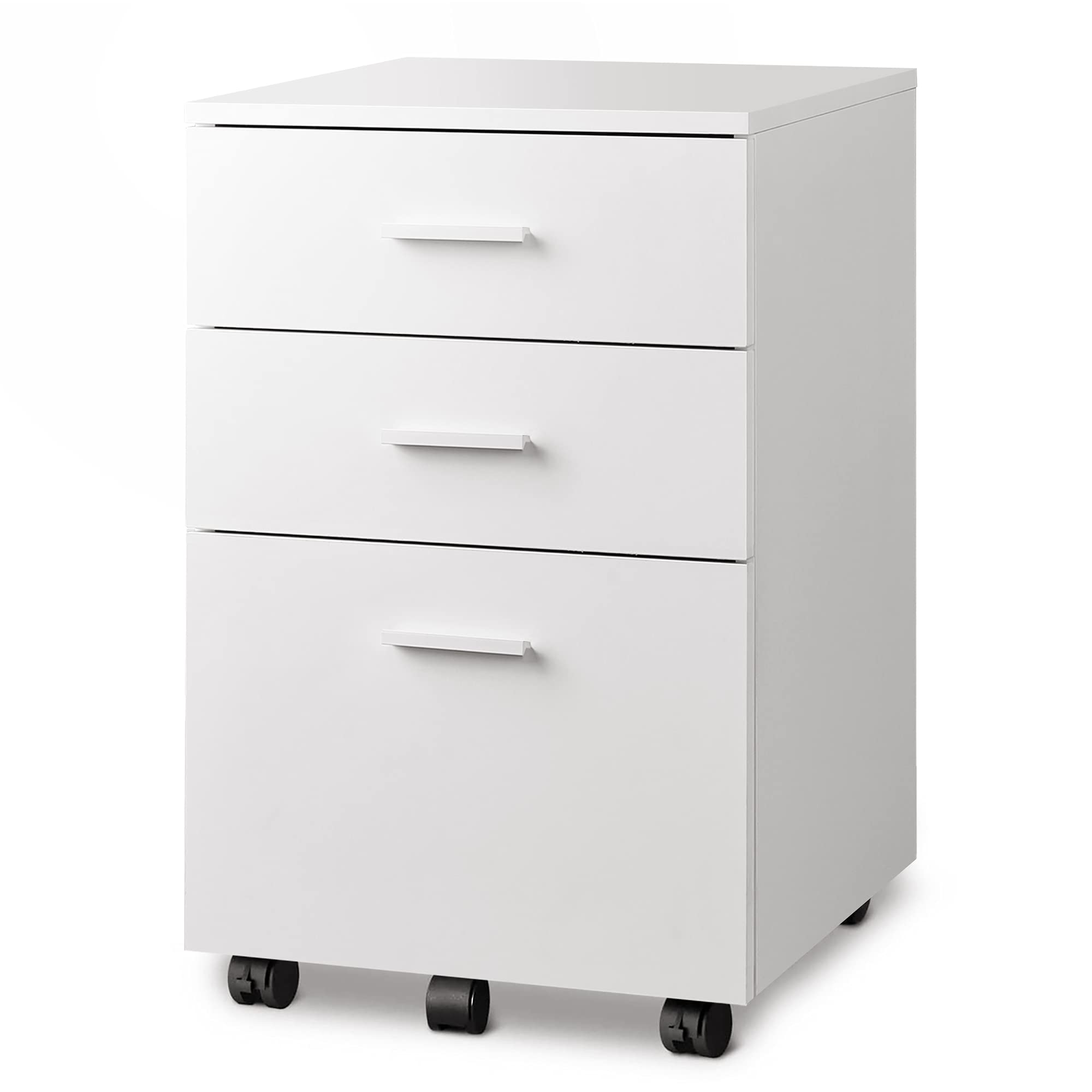 DEVAISE 3 Drawer Wood Mobile File Cabinet, Rolling Filing Cabinet for Letter/A4 Size, White