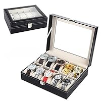 Watch Display Case Watch Box 10-Slot Watch Box Watch Case with Removable Watch Pillow 10 Compartments High-Grade Leather Watch Collection Storage Box (Black)