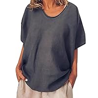 Women Plus Size Curved Hem Classic Cotton Linen T-Shirts Summer Short Sleeve Crewneck Casual Loose Fit Tee Tops