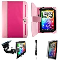 Pink Protective Slim Durable Faux Leather Portfolio Cover Carrying Case with Memory Card Slots for 7 Inch Tablet Device and a Hand Strap and a Anti Glare Screen Protector and a Windshield Mount Kit
