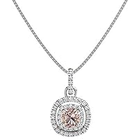 1.10 ctw Cushion Shape Created Morganite & Cubic Zirconia 925 Sterling Sliver Halo Pendant Necklace Gifts for Women's/Girls 14K Gold Plated