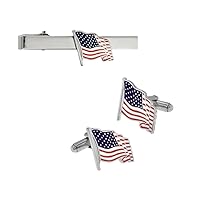 PinMarts American Flag Tie Clip & Cufflink USA Patriotic Bundle - Gold or Silver