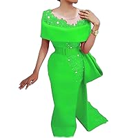 Women's Satin Side Split Formal Prom Gowns Dresses Beaded Pearls Party Dress