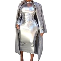 LROSEY Sexy Silver Metallic Bodycon Dress for Women Long Sleeve High Neck Midi Dresses