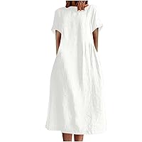 Women's Summer Cotton Linen Dress, Solid O-Neck Midi Dress with Pocket Short Sleevele Casual Loose Shift Dress