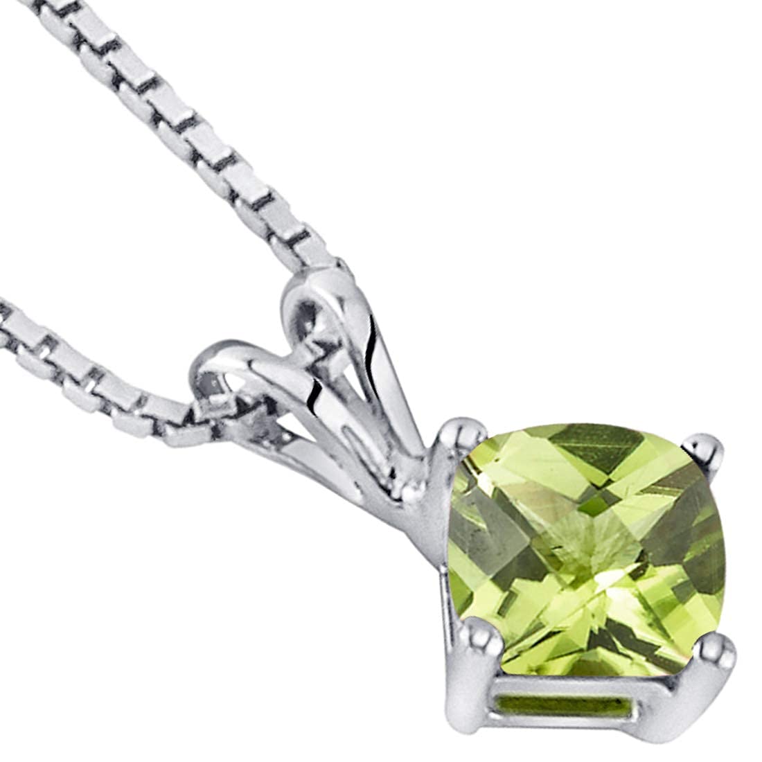 Peora Solid 14K White Gold Peridot Pendant for Women, Genuine Gemstone Birthstone Classic Solitaire, Cushion Cut, 6mm, 1 Carat total