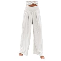 Women Summer High Waisted Cotton Linen Palazzo Pants Wide Leg Lounge Pant Trousers with Pocket Women Linen Pants