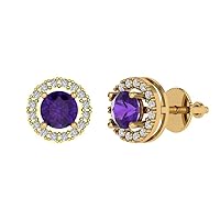 1.5ct Round Cut Halo Solitaire Natural Amethyst Unisex Designer Solitaire Stud Screw Back Earrings Solid 14k Yellow Gold