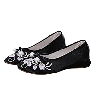 Pearls Knot Satin Fabric Slip On Ballet Flats Comfortable Soft Chinese Embroidered Walking Shoes Black Beige