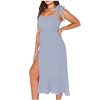 Women Ruffle Hem Split Side Lace-Up Belted Cami Dress Summer High Waist Square Neck Sleeveless Elegant Plain Dresses