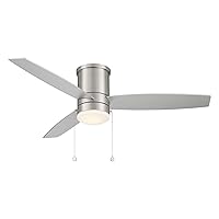 WAC Atlantis Indoor and Outdoor 3-Blade Pull Chain Flush Mount Ceiling Fan 52in Brushed Nickel with 3000K LED Light Kit