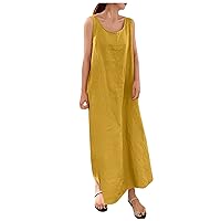 Women's Solid Color Suspender Cotton Linen Loose Pocket Round Neck Sleeveless Dress