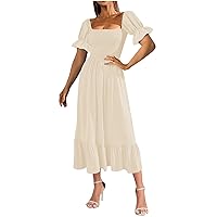 Women's Dresses That Hide Belly Fat Square Neck Short Sleeve Ruffle Shirring High Waist Dress Dresses 2023