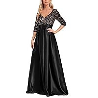 Short Sleeve Sequins Evening Dress Women Satin Prom Party EN8 Dress Floor Length Formal Cocktail Gown