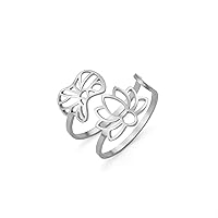 Adjustable Lotus Ring Stainless Steel Hollow Dragonfly Lotus Leaf Ring Inspirational Jewelry For Women Girls