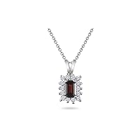 January Birthstone - Diamond Cluster Garnet Solitaire Pendant AAA Emerald Shape in 14K White Gold Available from 7x5mm - 10x8mm