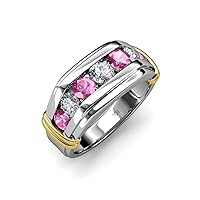 Round Pink Sapphire and Diamond 1 ctw 7 Stone Channel Set Men Wedding Ring 14K Gold