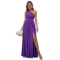 One Shoulder Bridesmaid Dresses for Women Chiffon Long Pleated Formal Evening Party Dress with Side Slit RO02