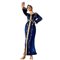 Woman Moroccan Caftan Hand Sewn Diamond Blue Fleece Dress Party Maxi Dress Abaya Dubai Ramadan Evening Dresses