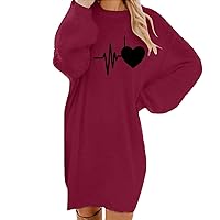 Sweatshirt Dress for Women Round Neck Electrocardiogram and Heart Graphic Knee Dress Long Sleeve Comfy Pullover Dress