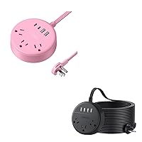 NTONPOWER Pink Power Strip, 5ft Extension Cord, 3 AC Outlets & 2 USB C & 2 USB A + NTONPOWER 25 ft Extension Cord, Flat Plug Power Strip, Flat Extension Cord with 3 Outlets 4 USB Ports