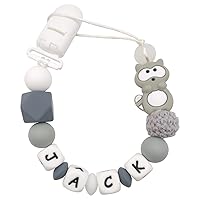 Personalized Pacifier Clip with Name for Boys Girls - Racoon (Grey)