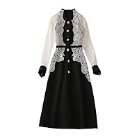 Hollow Lace Patchwork Dress Spring Women Long Sleeve Crochet Embroidery Party Dresses Black Elegant