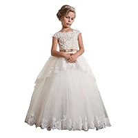 Vintage Girls Communion Gowns Bodice Lace Flower Girl Dress Appliques Tiered Puffy Cap Sleeve Princess Dress