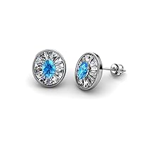 Oval Cut Blue Topaz & Baguette Natural Diamond 1.22 ctw Women Milgrain Halo Stud Earrings 14K Gold