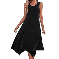 Women's Casual Summer Dress Sleeveless Sundress Hankerchief Hem Midi Tank Dresses Beach Dress Flowy Boho Dress with Pockets