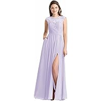 Women's Lace Pleated Bridesmaid Dresses Long Chiffon Slit Formal Prom Evening Gowns with Pockets