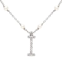 925 Sterling Silver Initial I Round Cut Pave Set 0.03 dwt Diamond Necklace