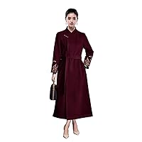 Women Coat Wool Floral Pattern Embroidery Mock Neck Hand Button Midi Red Cheongsam Dress 2775
