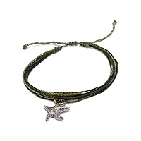 Silver Metal Starfish Charm Dangle Multicolored Multi Strand String Waterproof Adjustable Pull Tie Bracelet - Unisex Handmade Jewelry Boho Accessories