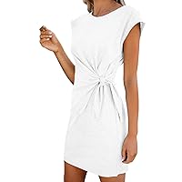 LaSuiveur Women’s Casual Bodycon Tie Waist Cap Sleeve Cotton T Shirt Dress