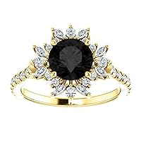 1 CT Dahlia Black Diamond Engagement Ring, Halo Floral Black Diamond Ring, Flower Black Onyx Ring, Round Black Moissanite, 10K Yellow Gold Ring, Perfact for Gifts or As You Want